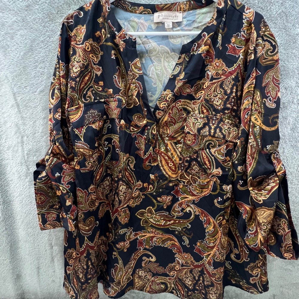 Philosophy Woman 2X Paisley Henley‎ Blouse 3/4 Roll Tab Sleeve Boho Classic Fall